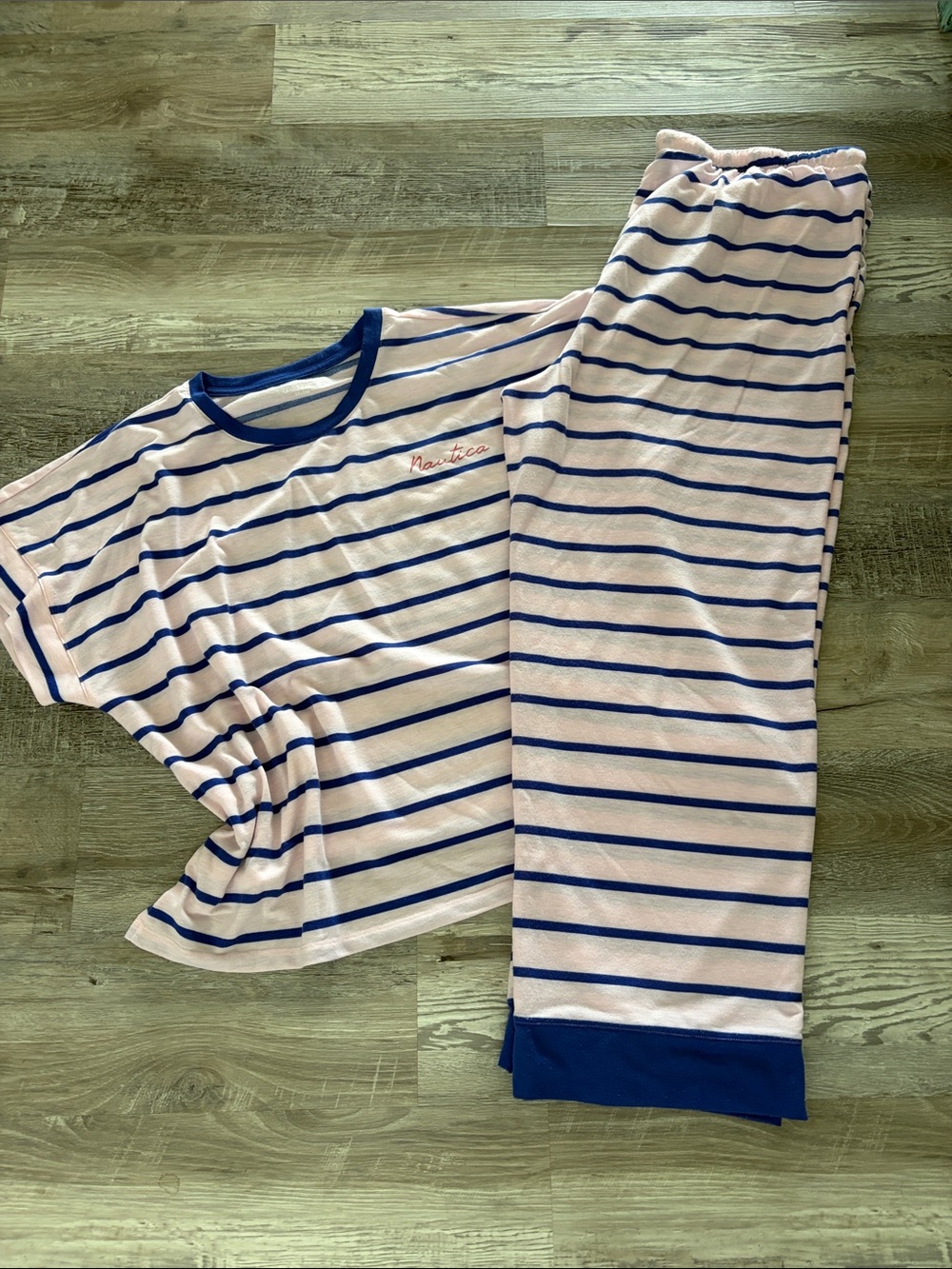 Nautica Women’s Wide Leg Pink and Blue Stripped Pajama Set size XXL